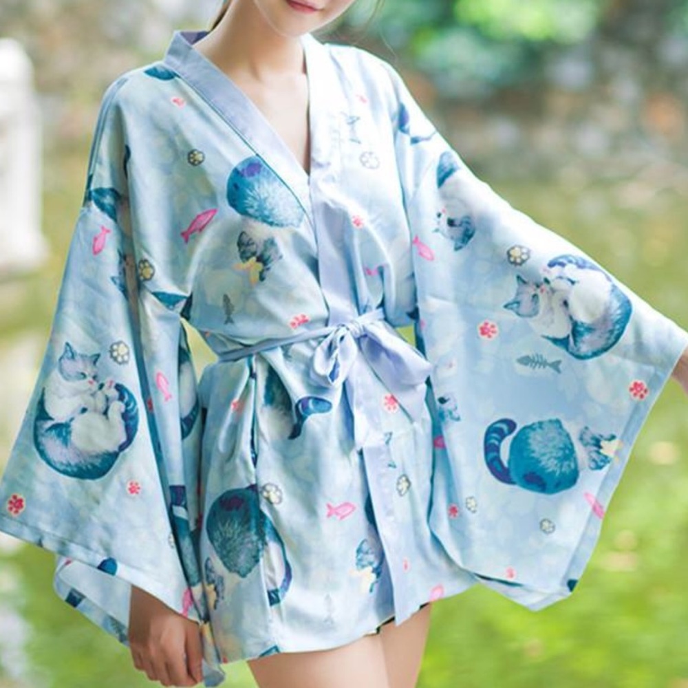 Blue Kawaii Neko Kimono
